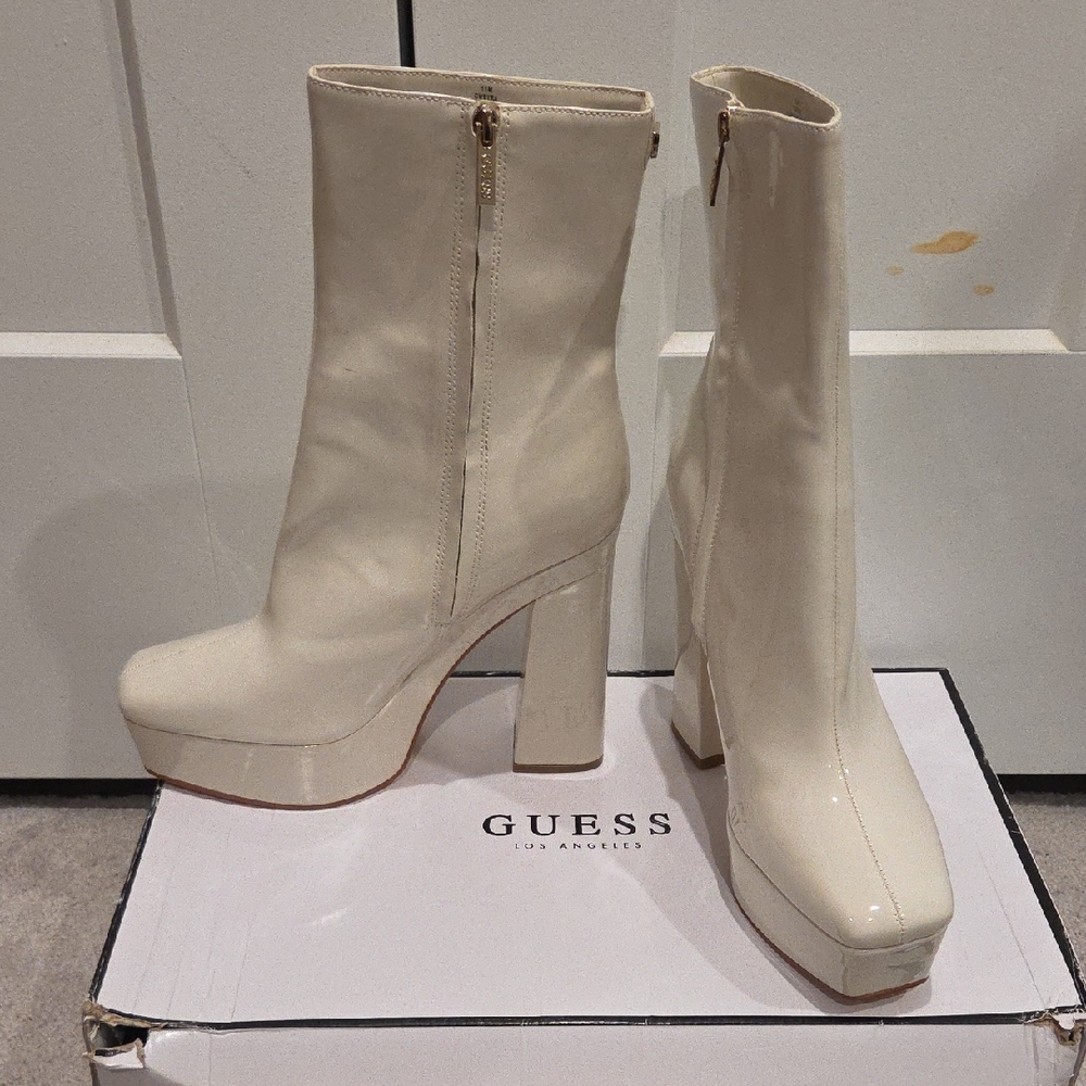 GUESS Byra Ivory Platform Block Heel Ankle Boots